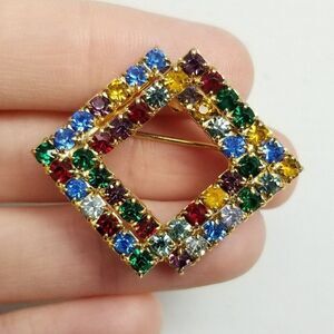 Vintage Colorful Rainbow Rhinestone Two Square Shape Brooch, Estate Lapel Pin